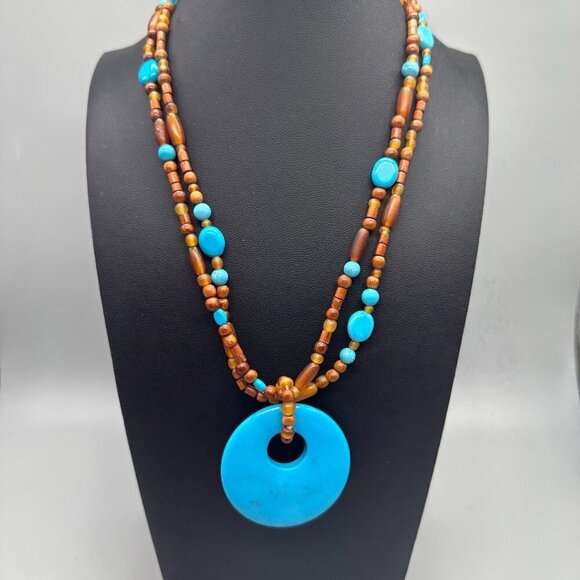 3/$30 Stone Pendant Necklace Blue Brown Beaded Natural Earthy Boho 20 in - Picture 9 of 13